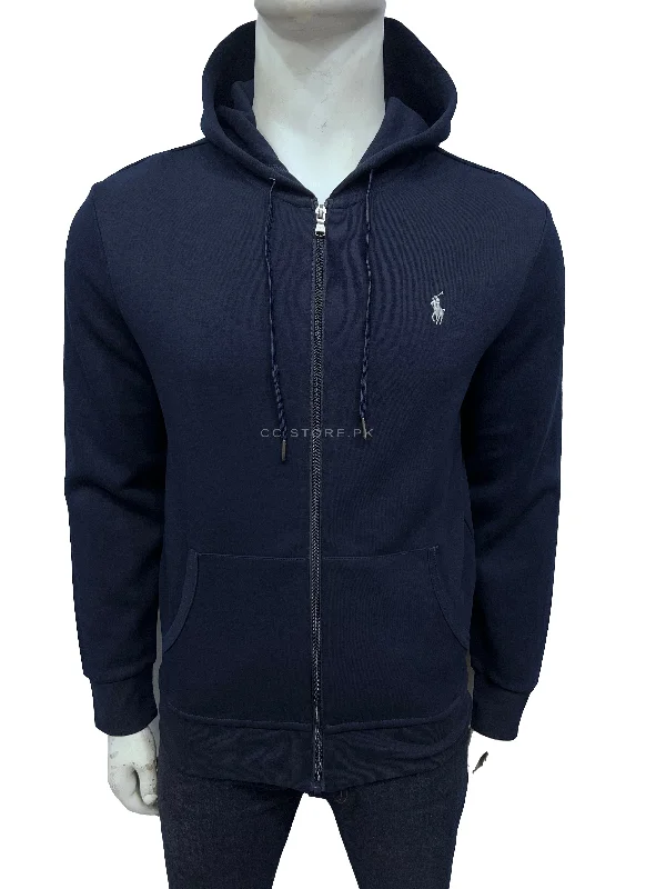 RL Double Knit Navy Blue Zipper Hoodie Hoodie with Batwing Sleeves Loose Dramatic