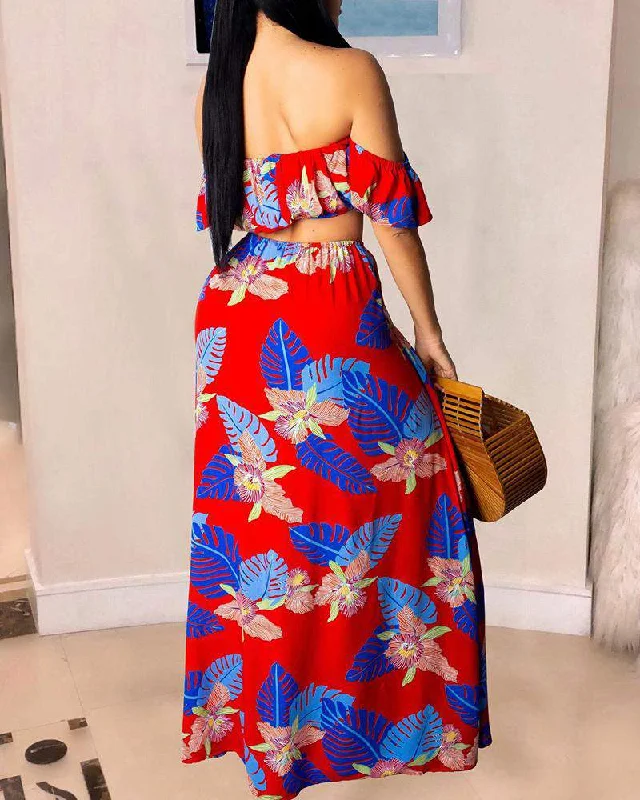 Off Shoulder Tropical Print Crop Top High Slit Maxi Skirt Set Knit Fabric Woven Fabric Fleece Fabric Off Shoulder Tropical Print Crop Top High Slit Maxi Skirt Set Knit Fabric Woven Fabric Fleece Fabric