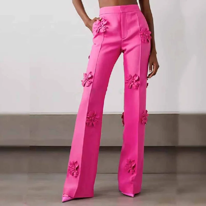 Women Crepe Couture Applique Pants Flared Trousers Wide Leg Loose Fit Mid Waist