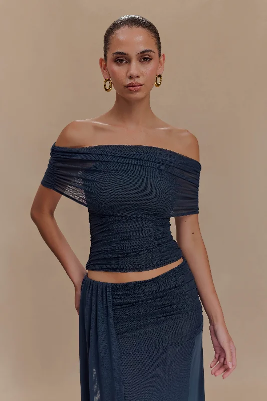 Arna Off Shoulder Mesh Crop Top - Midnight Blue Welt Pockets Slit Pockets Flap Pockets