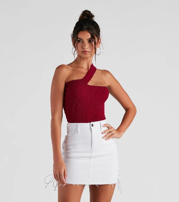 Sleek Basic One-Shoulder Crop Top Terry Blend Velvet Blend Canvas Blend