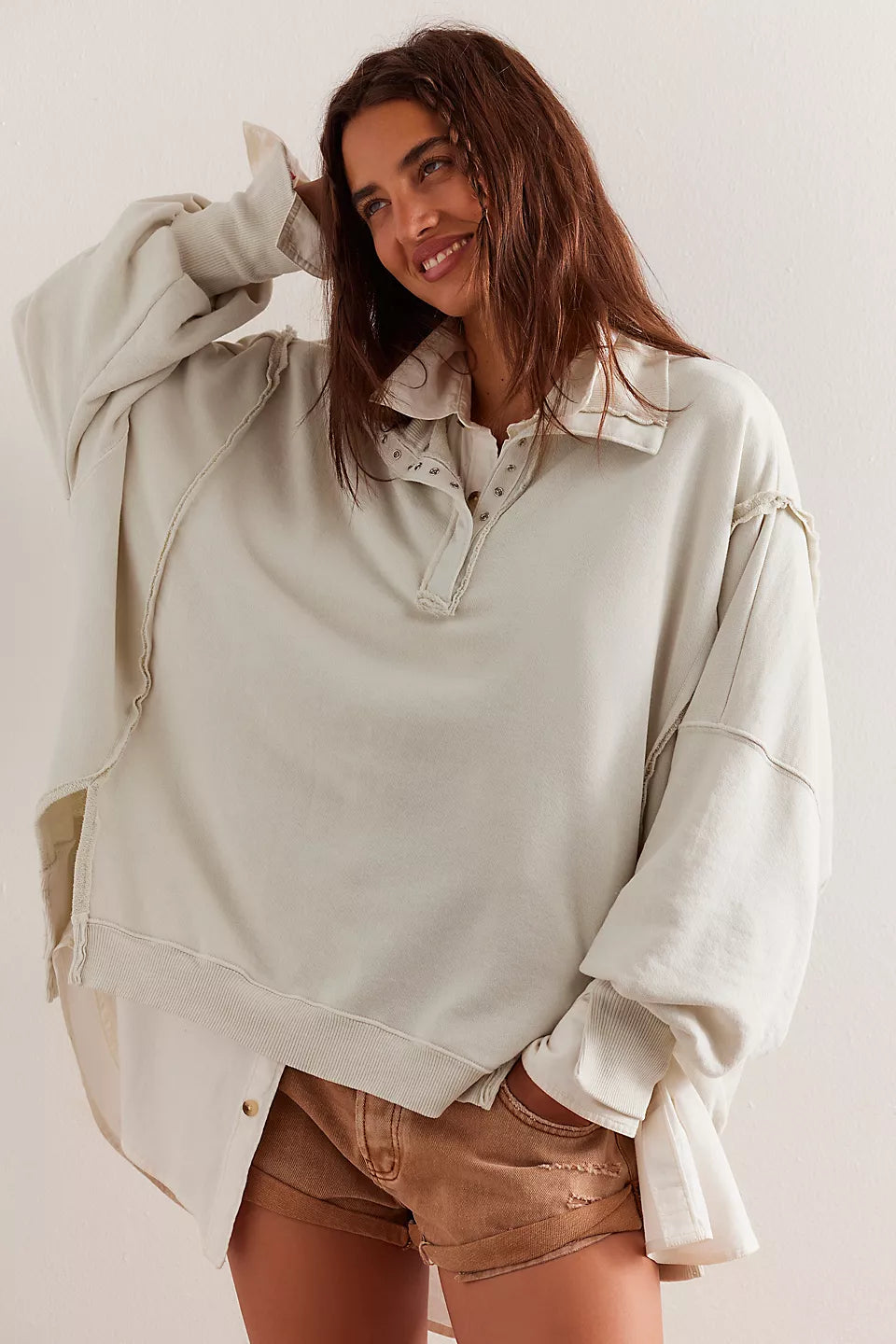 Free People We The Free Camden Henley Sweatshirt - GREY OPAL Hoodie with Half-Zip Sporty Casual