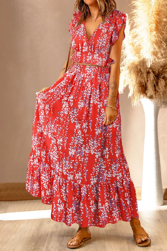 Blue Zone Planet |  Fiery Red Multicolor Floral Ruffled Crop Top And Maxi Skirt Set Chenille Fabric Brocade Fabric Lace Fabric