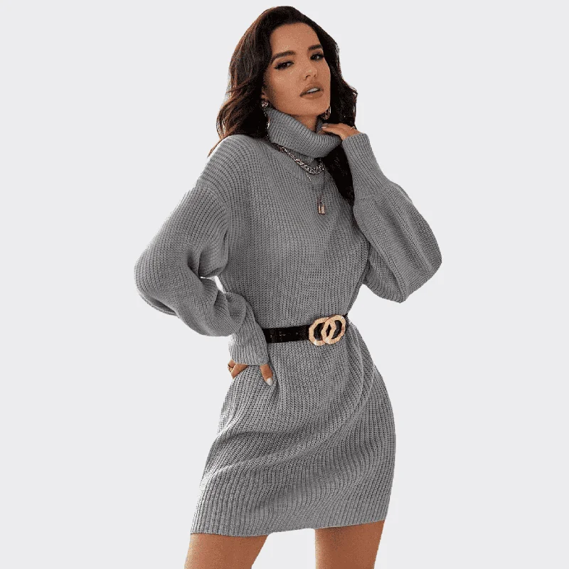 Mid-Length High Neck Pullover Dress Short Puff Sleeve