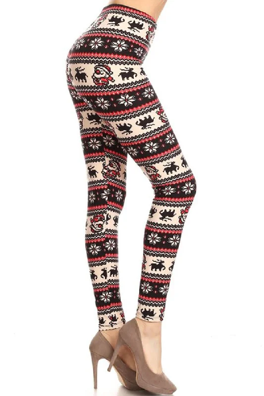 Red Santa Reindeer Design Leggings Fashionable Full-Length Active Leggings