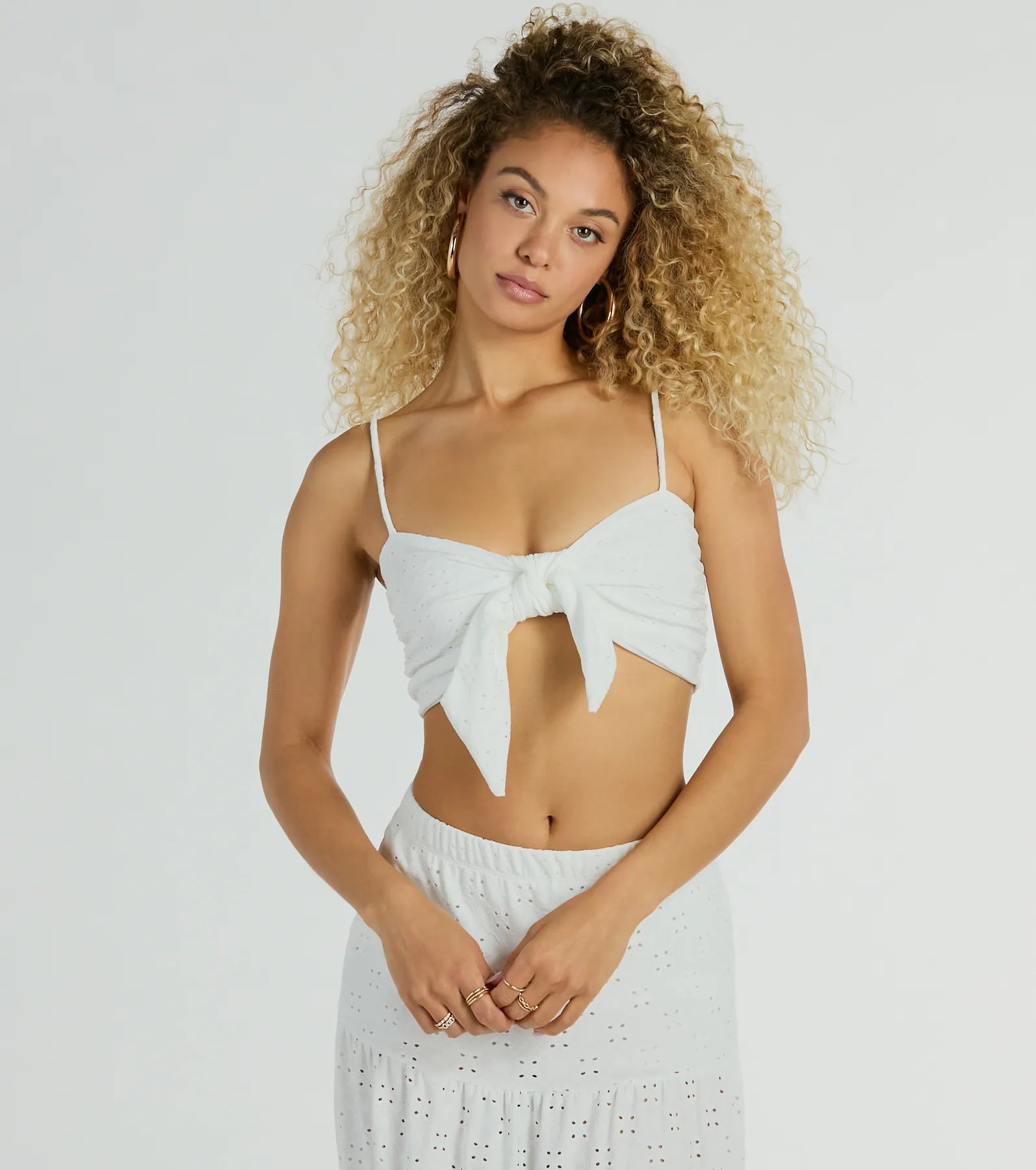 Spring Breeze Sweetheart Tie Eyelet Crop Top Notch Collar Peter Pan Collar Cowl Neck