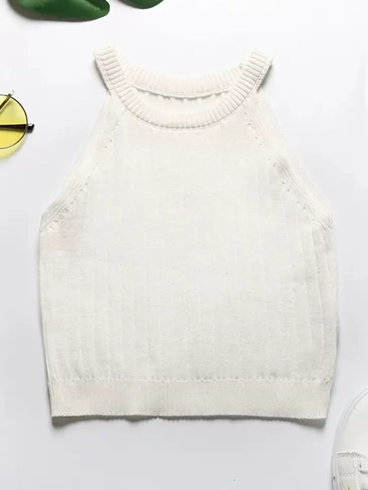 Off White Halter Crop Top Ribbed Striped Patterned