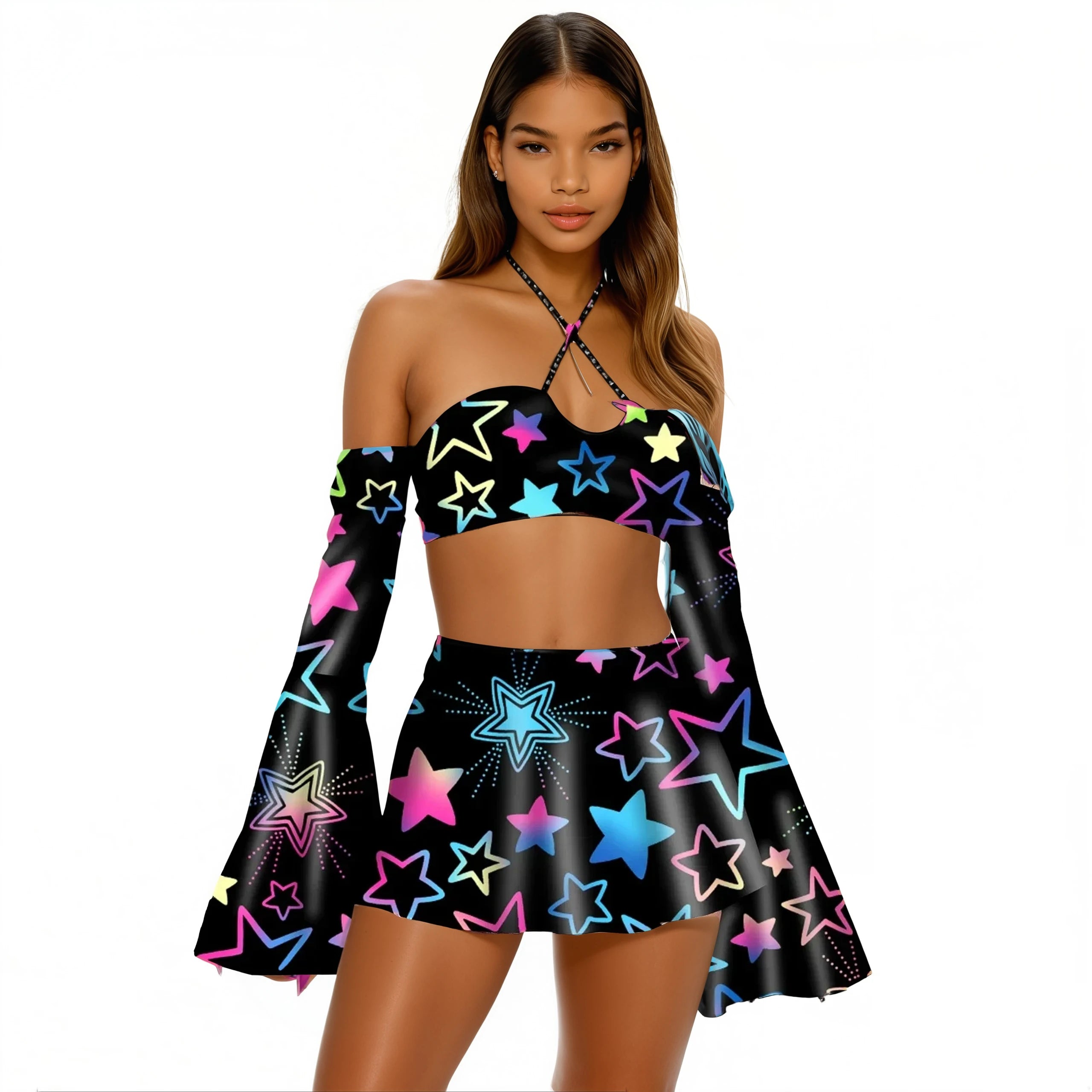 Star Power Flare Sleeve Crop Top and Skater Skirt 3-piece Set Layered Multi-layer Single Layer Star Power Flare Sleeve Crop Top and Skater Skirt 3-piece Set Layered Multi-layer Single Layer