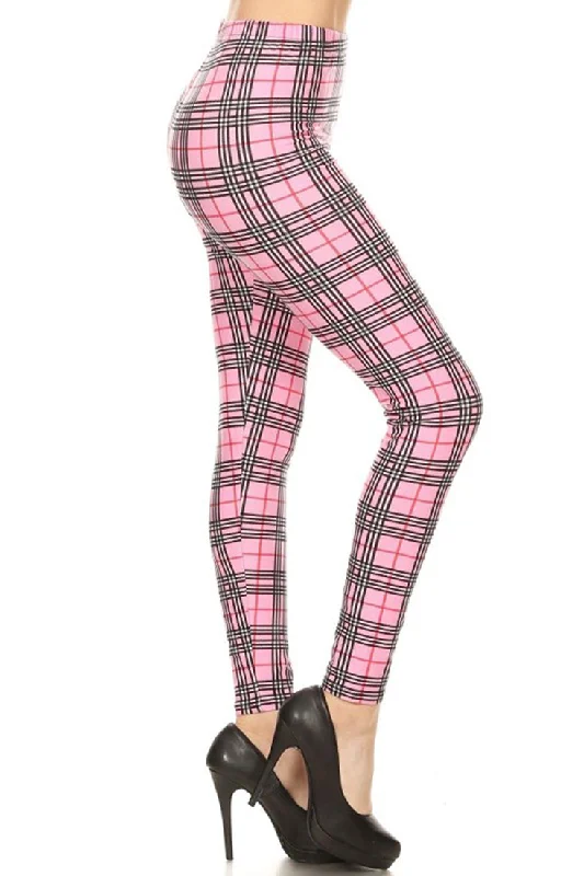 Multi Pink Plaid Design Leggings Classic Solid Color Leggings