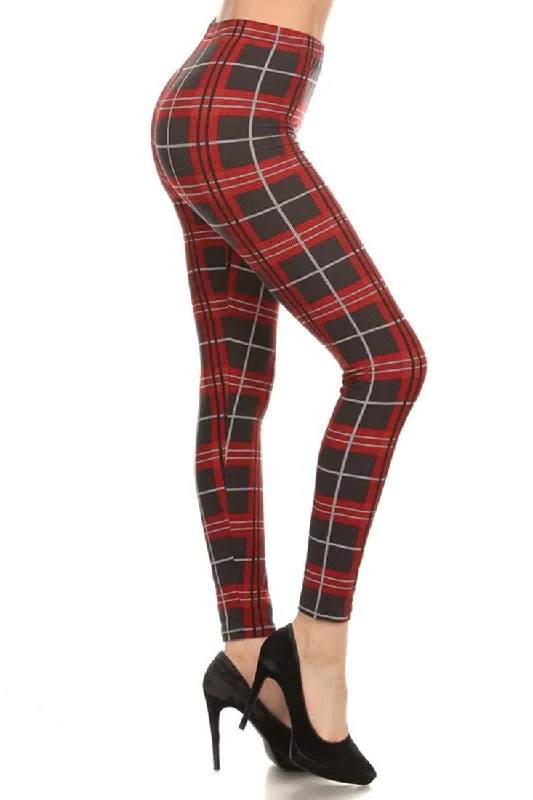 Dark Grey Red Tartan Plaid Leggings Cozy Workout Performance Leggings