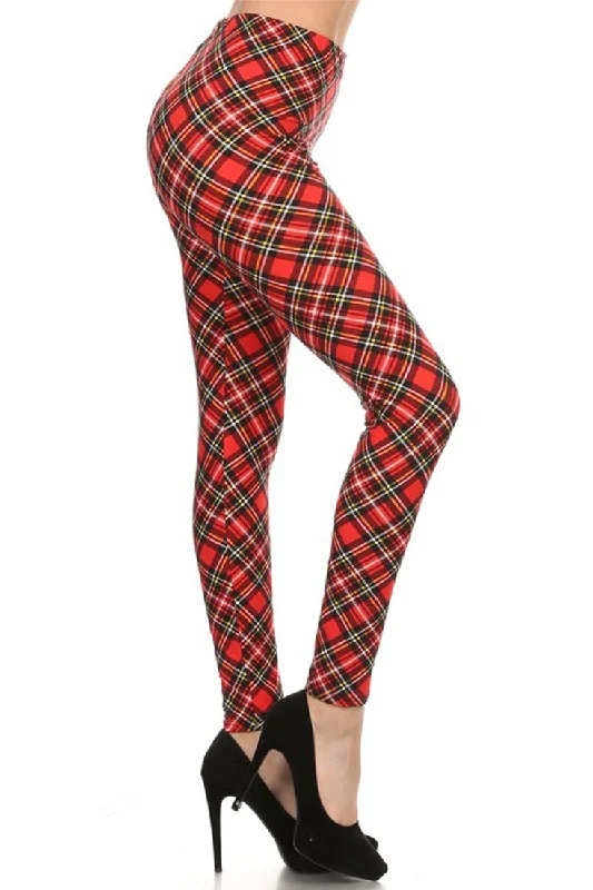 Red Multi Plaid Design Leggings Chic Floral Print Leggings