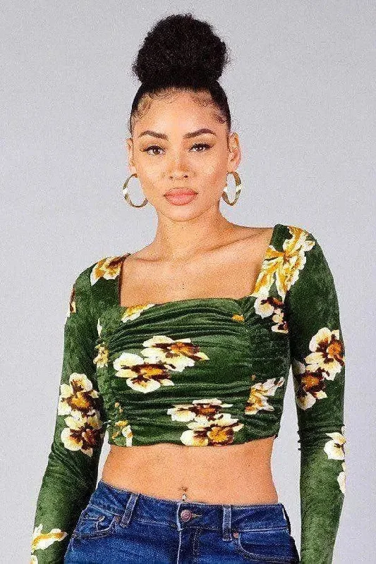 Ruched Velvet Floral Back Tie Crop Top Fleece Nylon Spandex