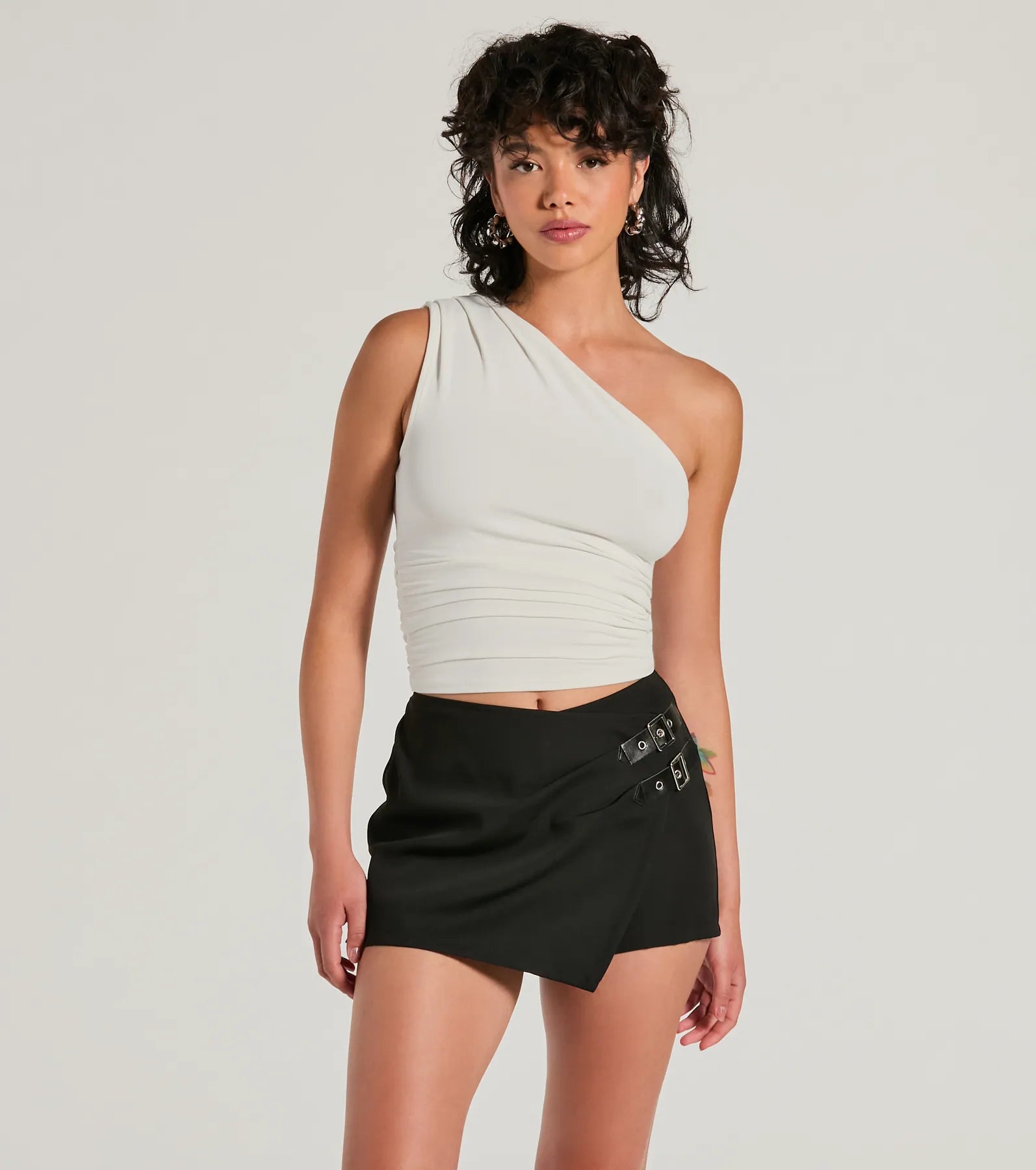 Groove Time One-Shoulder Ruched Crop Top Satin Blend Silk Blend Wool Blend