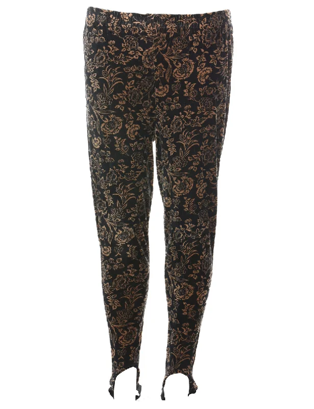Black & Orange Floral Print Velour Trousers - W28 L28 Trousers Travel Practical