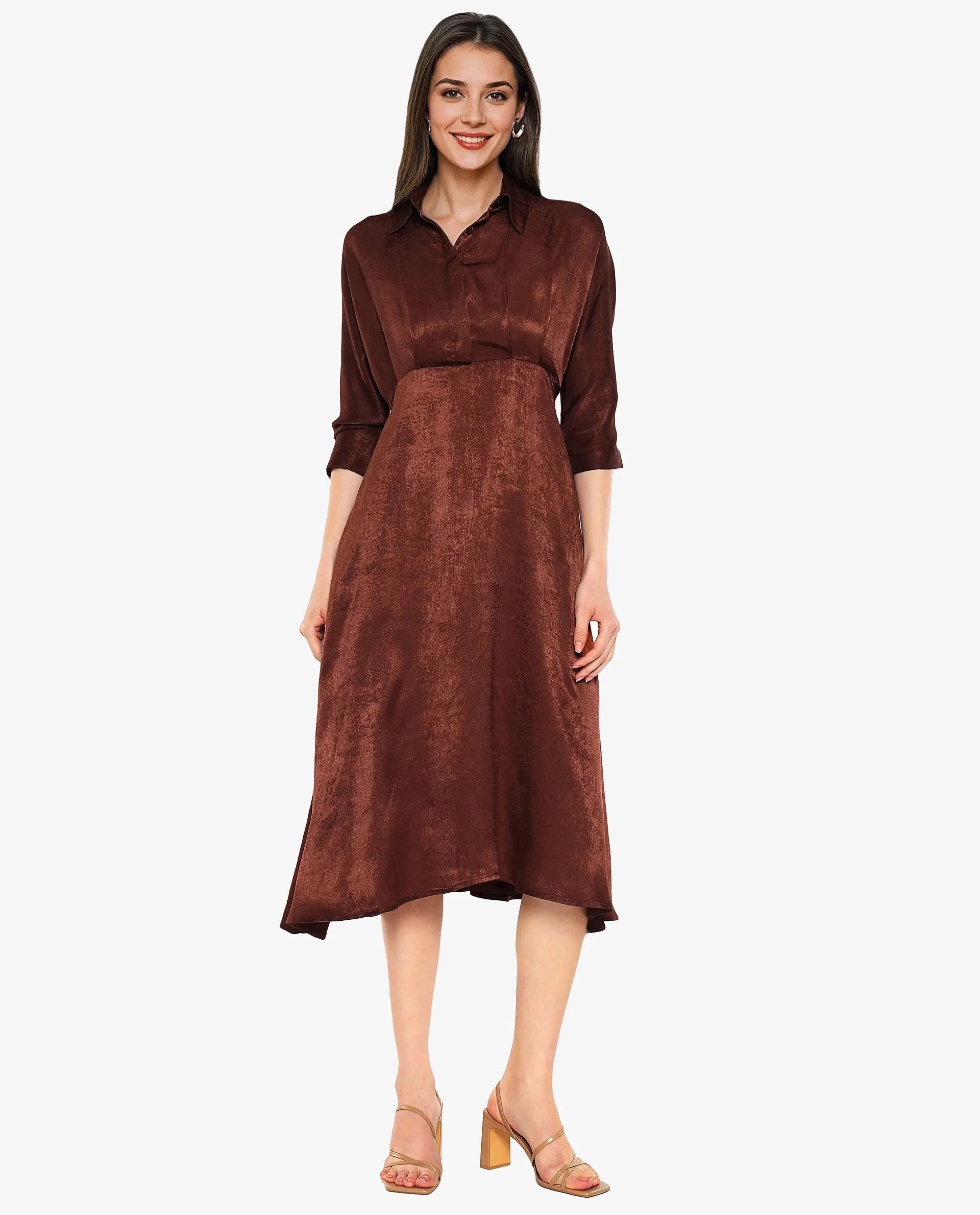 Rareism Women Airbaz Brown Velvet Kimono Sleeve Collared Neck Button Closure A-Line Midi Plain Dress Fashionable Off-Shoulder Dress Midi Rareism Women Airbaz Brown Velvet Kimono Sleeve Collared Neck Button Closure A-Line Midi Plain Dress Fashionable Off-Shoulder Dress Midi