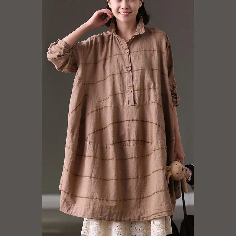 baggy khaki  Midi linen dresses oversized traveling clothing casual patchwork striped linen dresses Trendy Smocked Waist Midi Dress