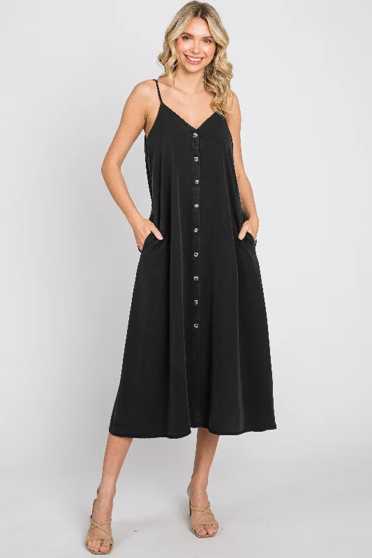 Black Button Down Midi Tank Dress Stylish Midi Dress with Cuffs