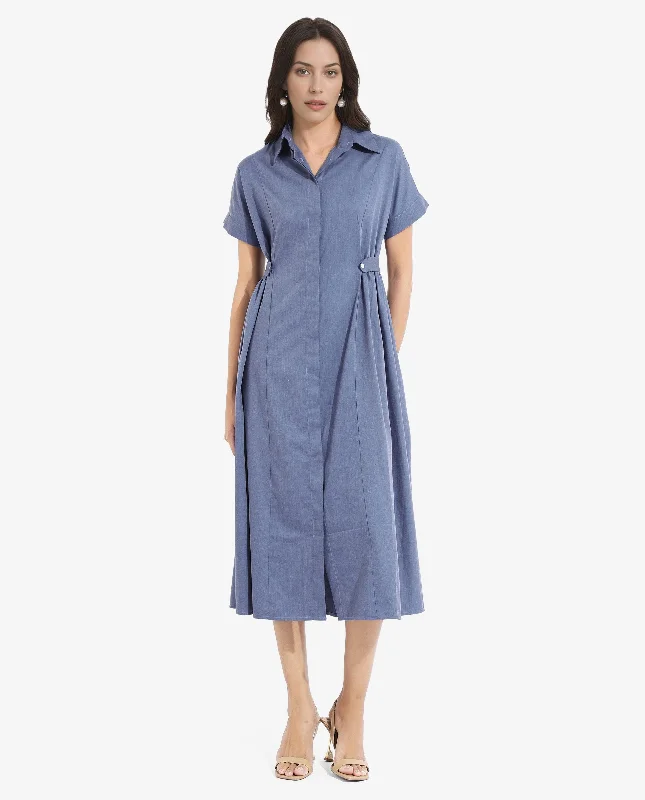 Rareism Women Comatch Dark Blue Extended Sleeves Collared Neck Button Closure Fit And Flare Midi Plain Dress Stylish Button-Up Midi Dress Rareism Women Comatch Dark Blue Extended Sleeves Collared Neck Button Closure Fit And Flare Midi Plain Dress Stylish Button-Up Midi Dress