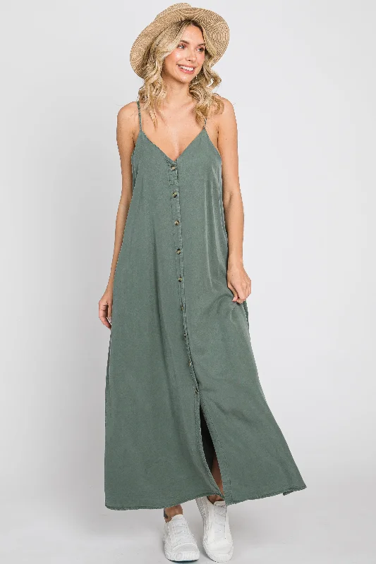 Olive Button Down Midi Tank Dress Trendy Off-Shoulder Button Midi Dress
