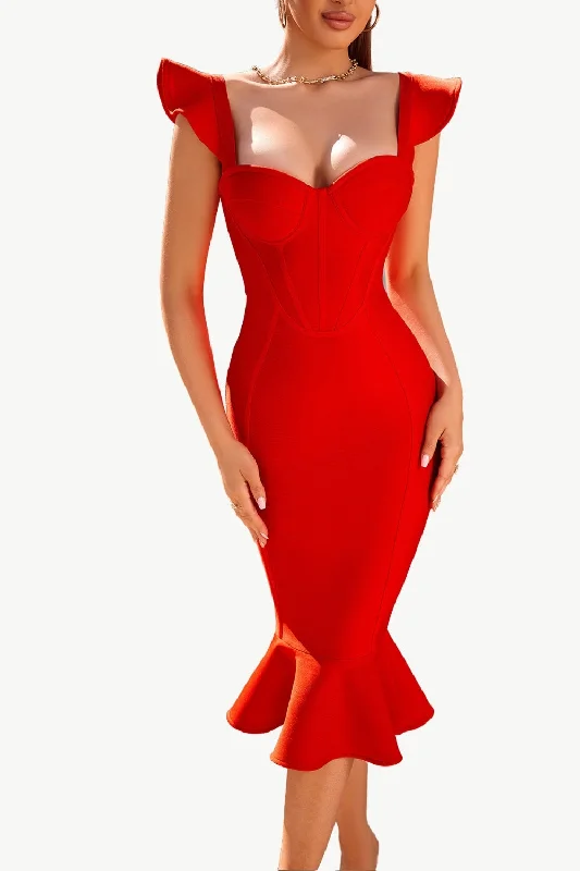 Red Sweetheart Mermaid Midi Corset Cocktail Dress Cozy Knit Midi Dress