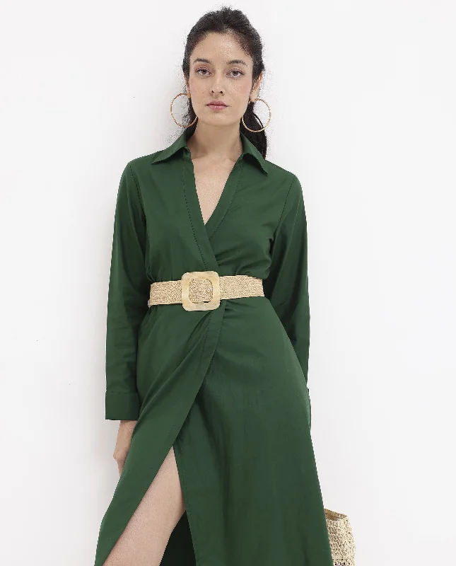 Rareism Women Shikamaru Dark Green Cuffed Sleeve Jonny Collar Button Closure Relaxed Fit Midi Plain Dress Stylish Pleated Skirt Midi Dress Rareism Women Shikamaru Dark Green Cuffed Sleeve Jonny Collar Button Closure Relaxed Fit Midi Plain Dress Stylish Pleated Skirt Midi Dress