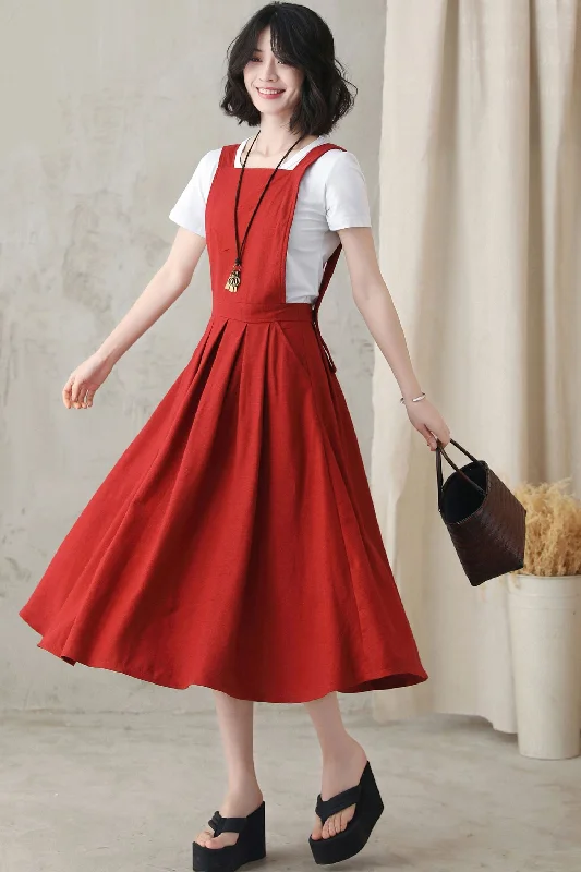 Woman Red Linen Midi Pinafore Dress 2823 Comfortable Sleeveless Midi Dress