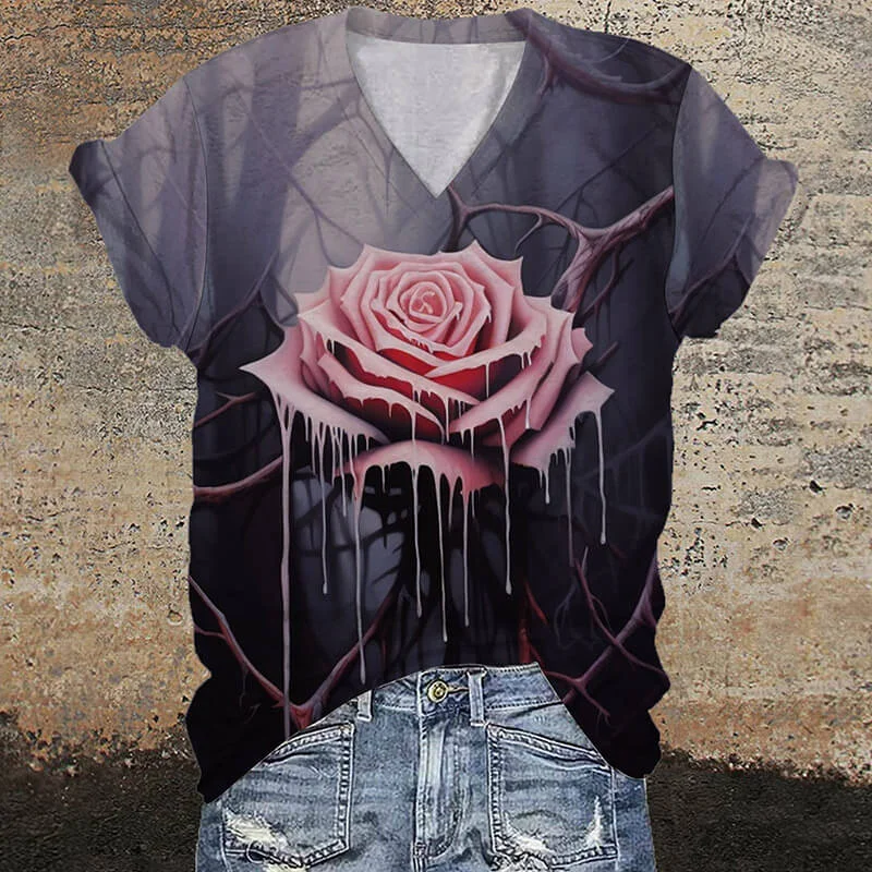 Gothic Dripping Rose V-Neck Short Sleeve T-Shirt-- Notch Collar Peter Pan Collar Cowl Neck Gothic Dripping Rose V-Neck Short Sleeve T-Shirt-- Notch Collar Peter Pan Collar Cowl Neck