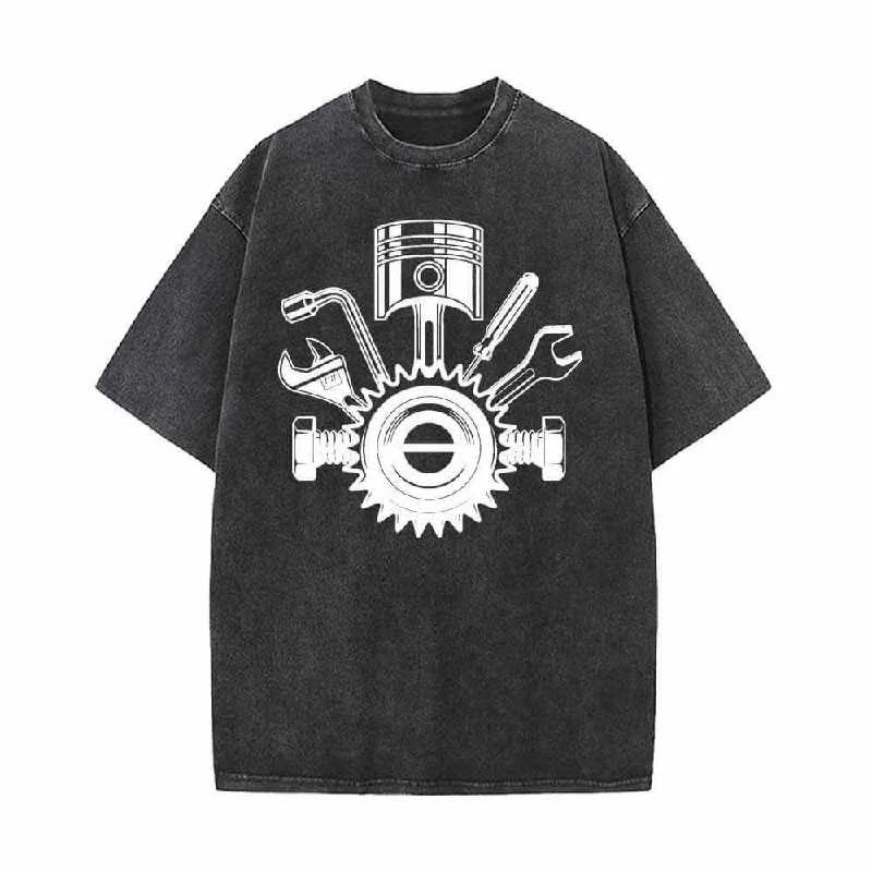 Mechanic Gear Wrenches Pattern Washed T-shirt-- Cashmere Blend Cotton Blend Poly Blend Mechanic Gear Wrenches Pattern Washed T-shirt-- Cashmere Blend Cotton Blend Poly Blend