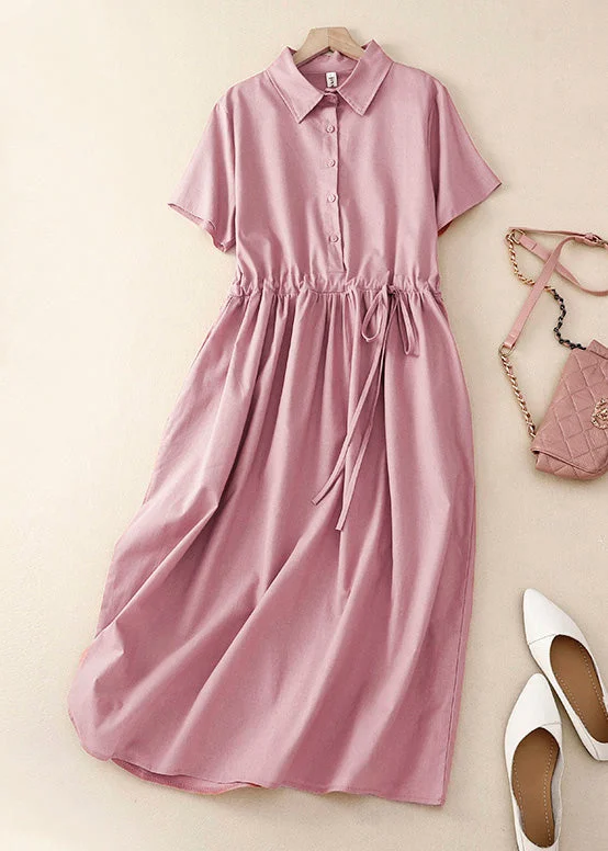 Women Pink Peter Pan Collar Drawstring Cotton Long Dress Summer AM1062 Tunics Evening elegant Women Pink Peter Pan Collar Drawstring Cotton Long Dress Summer AM1062 Tunics Evening elegant