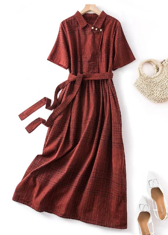 Fine Red Peter Pan Collar Plaid Tie Waist Linen Dresses Summer AM1066 Tunics Yoga stretchy Fine Red Peter Pan Collar Plaid Tie Waist Linen Dresses Summer AM1066 Tunics Yoga stretchy