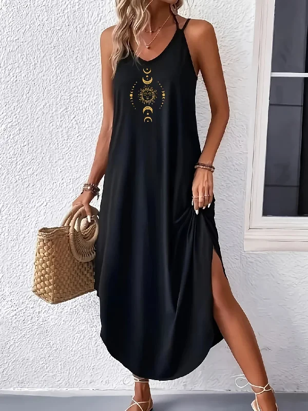 IKEARLAX Curvy Hem Cami Dress - Sleek Sleeveless Design, Delicate Spaghetti Strap Detailing, Comfortable Loose Fit for a Relaxed Silhouette, Flowing Maxi Dress Style - Exclusively Designed for Women, Unique Moon Print Pattern, Womens Clothing Tunics Ceremony elegant IKEARLAX Curvy Hem Cami Dress - Sleek Sleeveless Design, Delicate Spaghetti Strap Detailing, Comfortable Loose Fit for a Relaxed Silhouette, Flowing Maxi Dress Style - Exclusively Designed for Women, Unique Moon Print Pattern, Womens Clothing Tunics Ceremony elegant