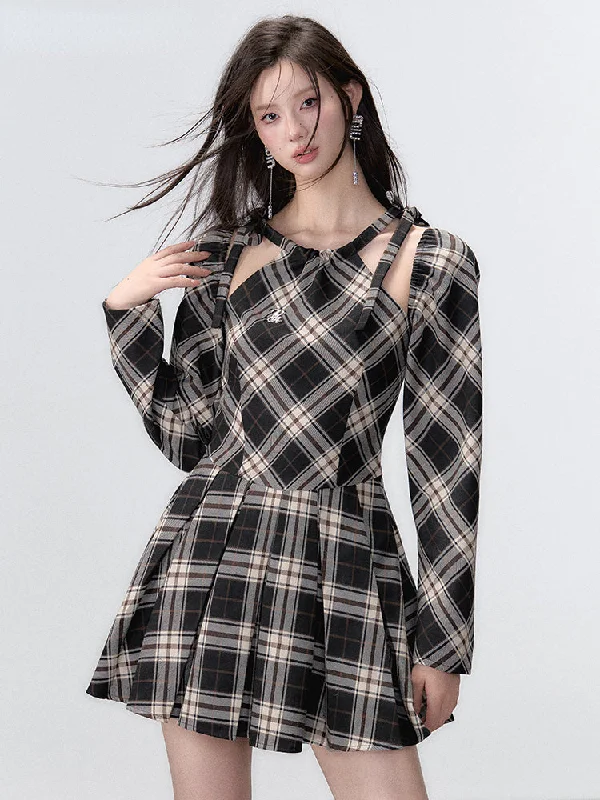 Black Plaid A-line Halter Mini Dress Fashionable Mini Dress with Pockets