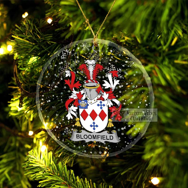 Bloomfield Irish Clan Christmas Glass Ornament with Coat of Arms Denim Leather Suede Bloomfield Irish Clan Christmas Glass Ornament with Coat of Arms Denim Leather Suede