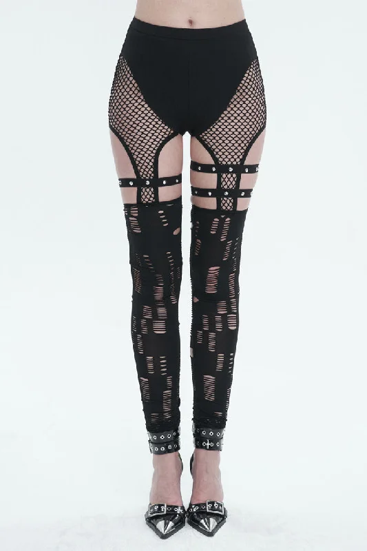 Black Elastic Asymmetrical Hole Knit Stitching Mesh Women's Punk Leggings Elegant Sheer Leggings Black Elastic Asymmetrical Hole Knit Stitching Mesh Women's Punk Leggings Elegant Sheer Leggings