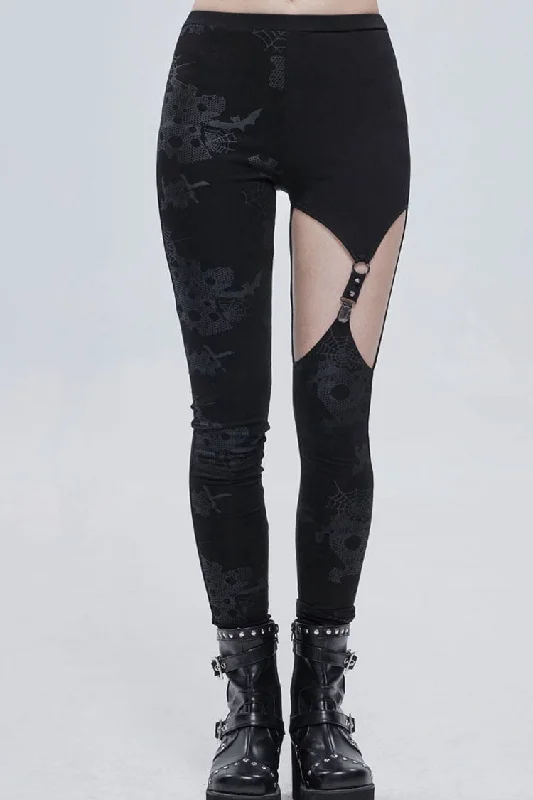 Black Gothic Ripped Spider Web Print Asymmetric Belt Buckle Decoration Women's Leggings Comfortable Leggings with Pockets Black Gothic Ripped Spider Web Print Asymmetric Belt Buckle Decoration Women's Leggings Comfortable Leggings with Pockets